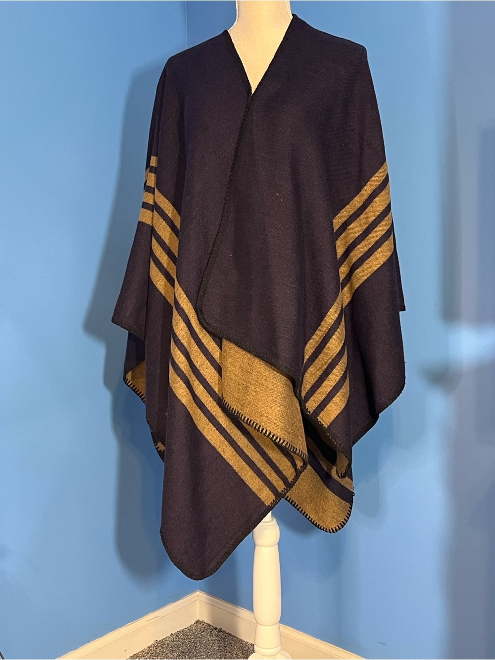 Reversible Navy and Camel Striped Poncho